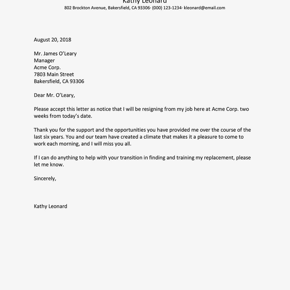 Best Resignation Letter Examples Pertaining To 2 Weeks Notice Template Word