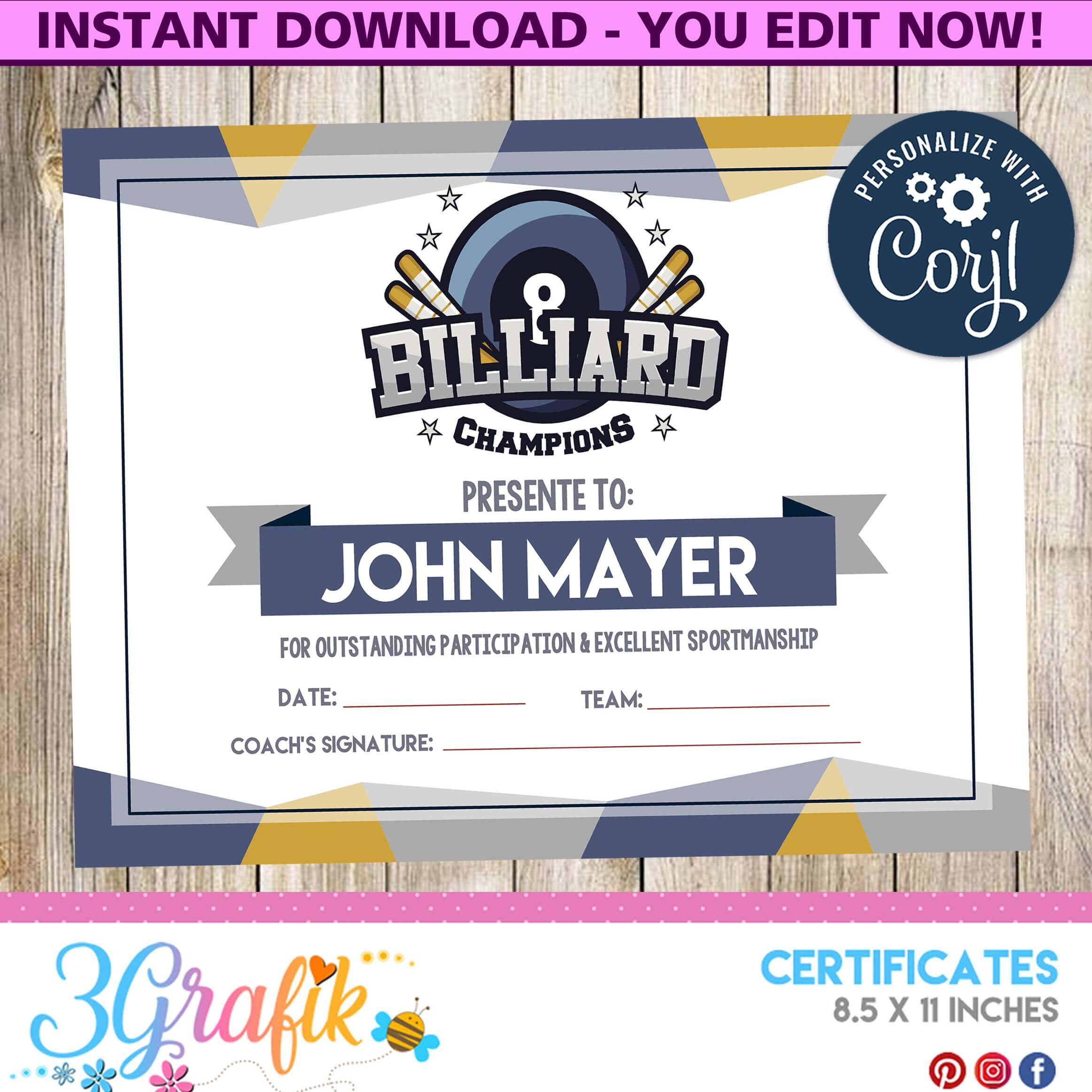 Billiard – Certificate – Printable – 3Grafik | Printable Pertaining To Swimming Certificate Templates Free