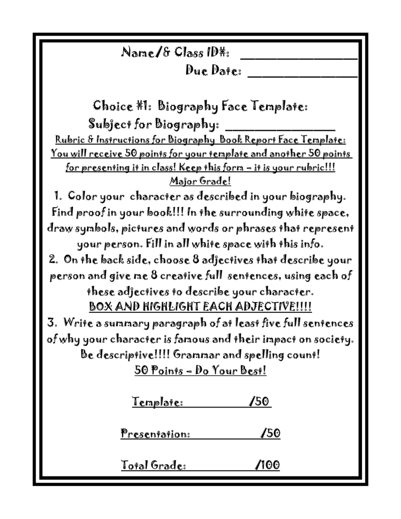 Biography Book Report Face Template Instructions.doc For Biography Book Report Template