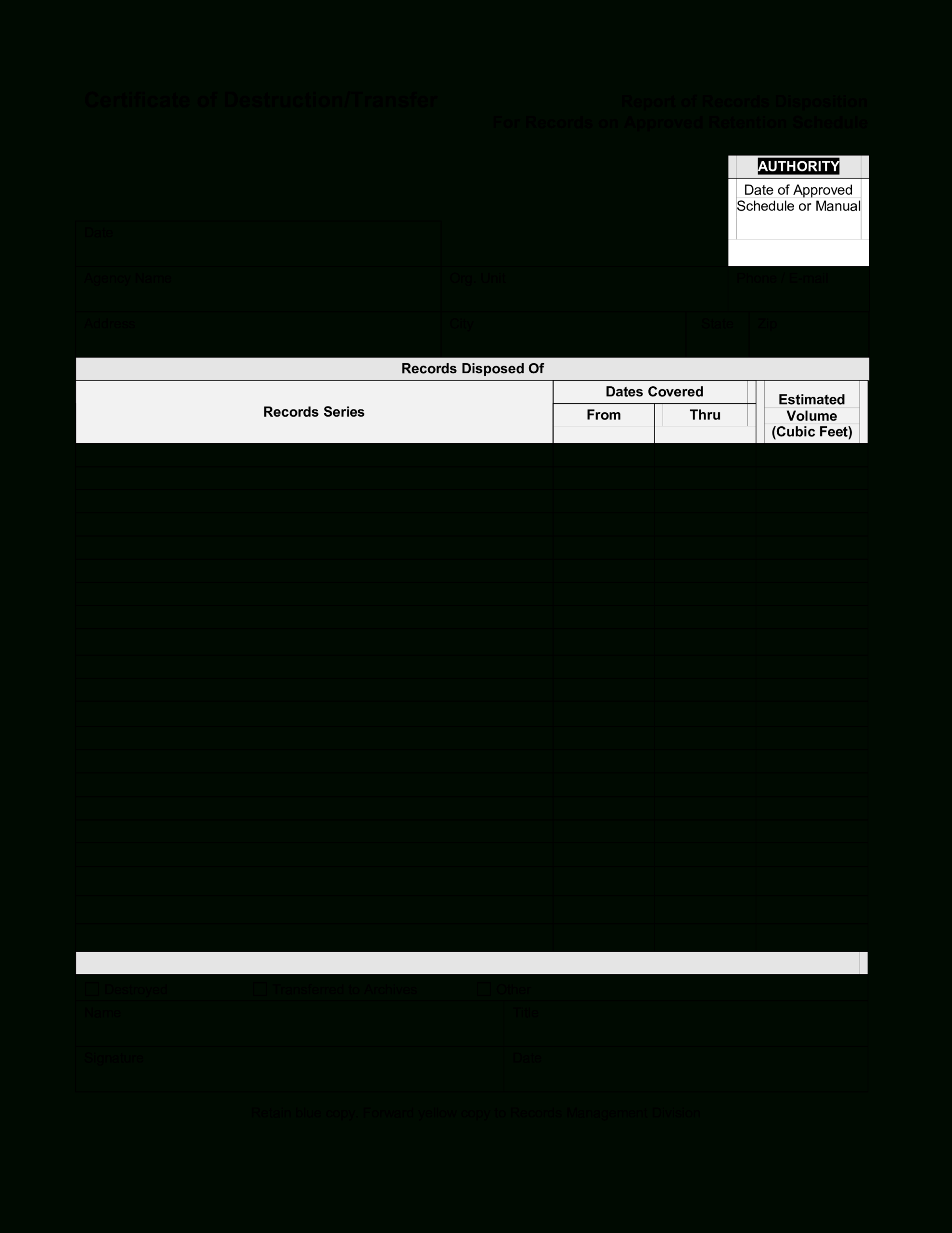Blank Certificate Of Destruction | Templates At Regarding Certificate Of Destruction Template