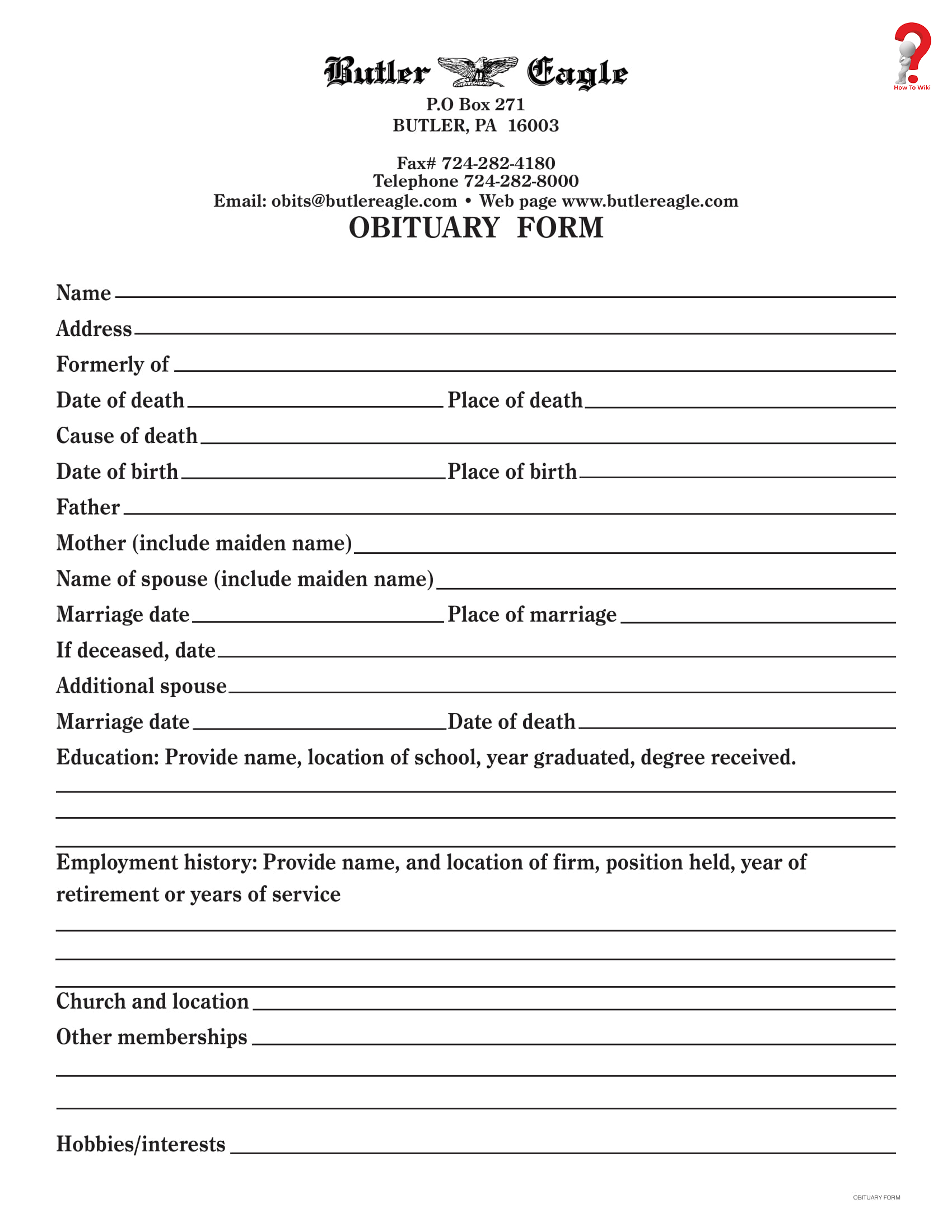 Blank Obituary Form Template Pdf Doc 1 | How To Wiki Pertaining To Fill In The Blank Obituary Template