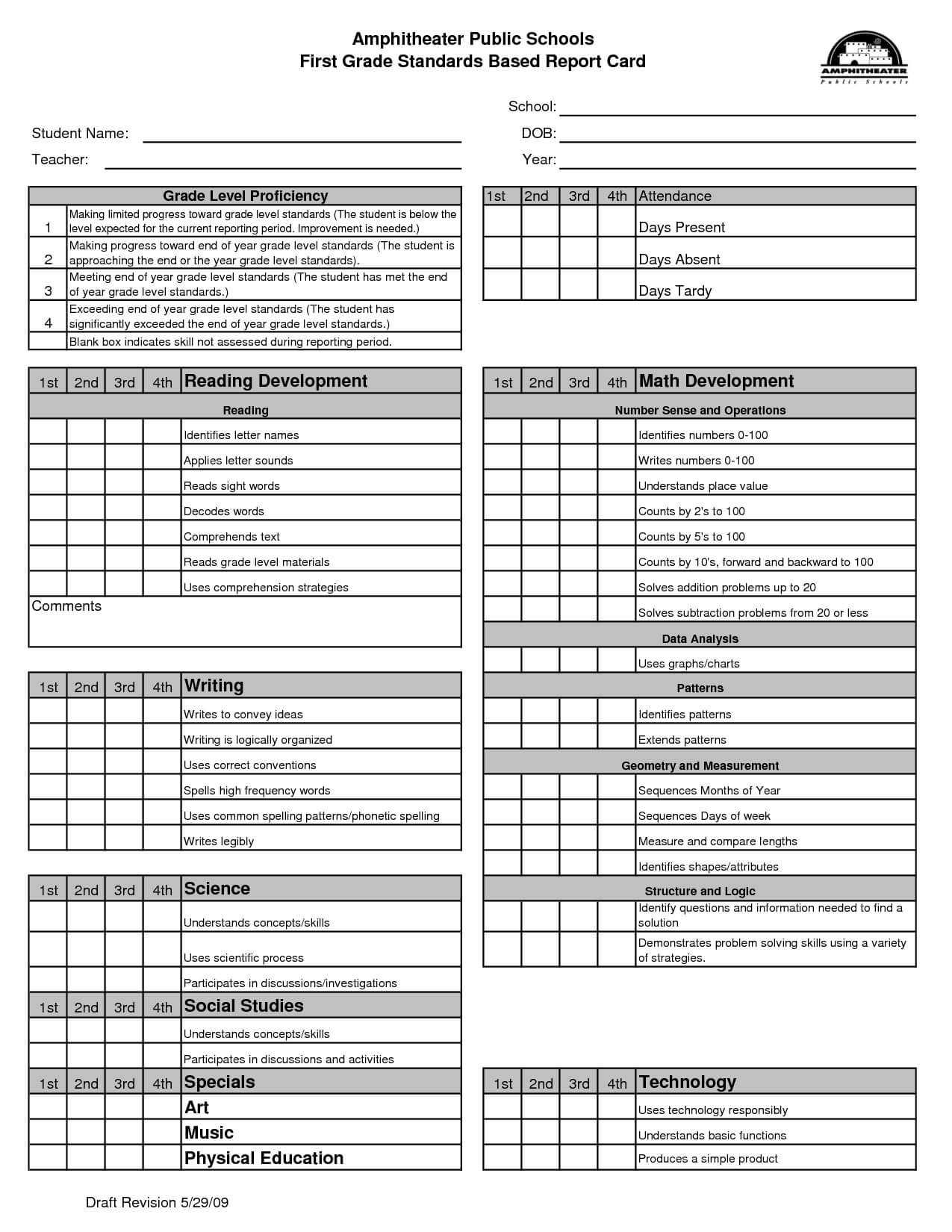 Blank Report Card Template | Kindergarten Report Cards Inside Blank Report Card Template