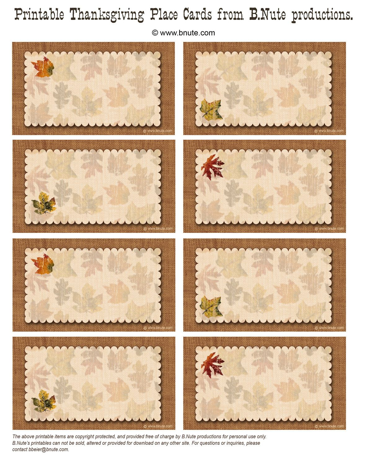 Bnute Productions: Free Printable Autumn Place Cards Perfect Pertaining To Thanksgiving Place Cards Template