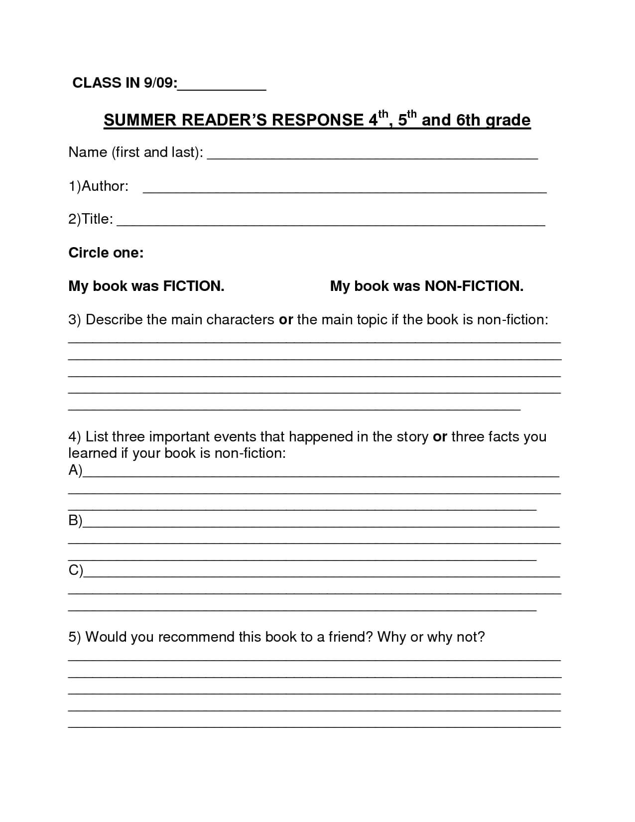 Book Report Template | Summer Book Report 4Th  6Th Grade Throughout 6Th Grade Book Report Template