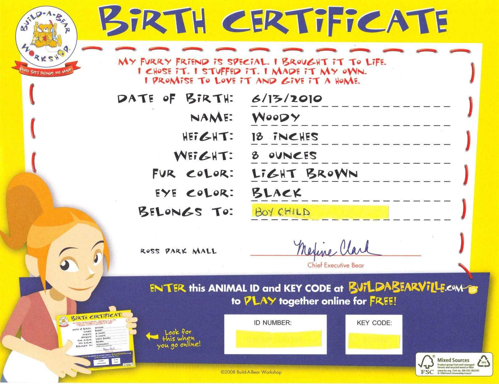 Build A Bear Birth Certificate | Birth Certificate Template Inside Build A Bear Birth Certificate Template