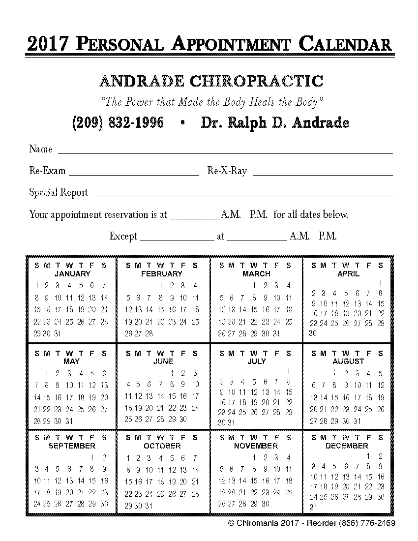 Calendar Appointment Cards For Chiropractic Travel Card Template