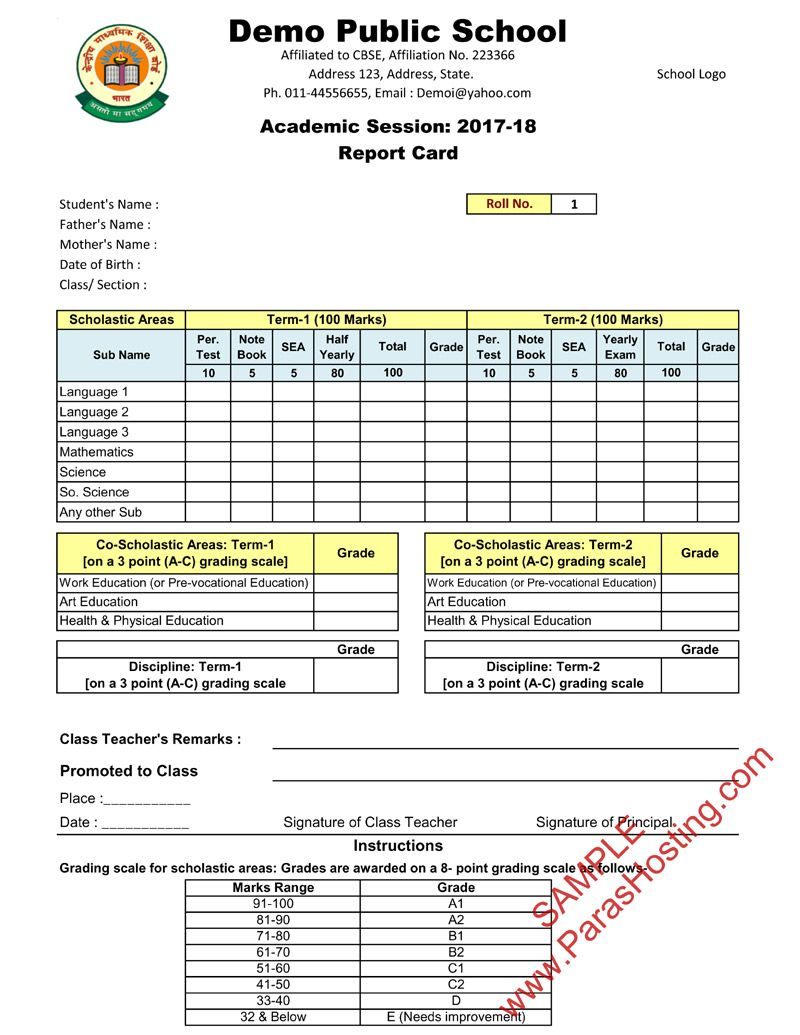 Cbse Report Card Format For Class Vi To Viii | Report Card With Educational Progress Report Template