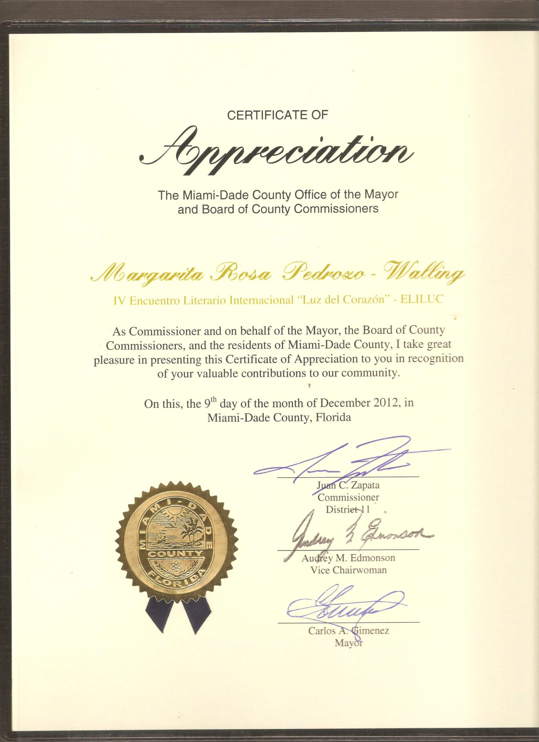 Certificate Of Appreciation Miami Dade County 2012 | Words In Felicitation Certificate Template