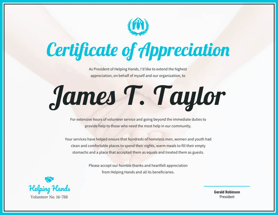 Certificate Of Appreciation Pertaining To Volunteer Award Certificate Template