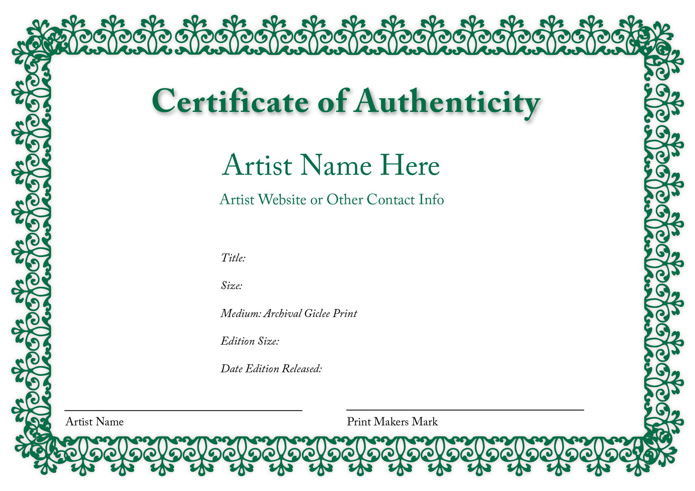 Certificate Of Authenticity Of An Art Print | Certificate For Photography Certificate Of Authenticity Template