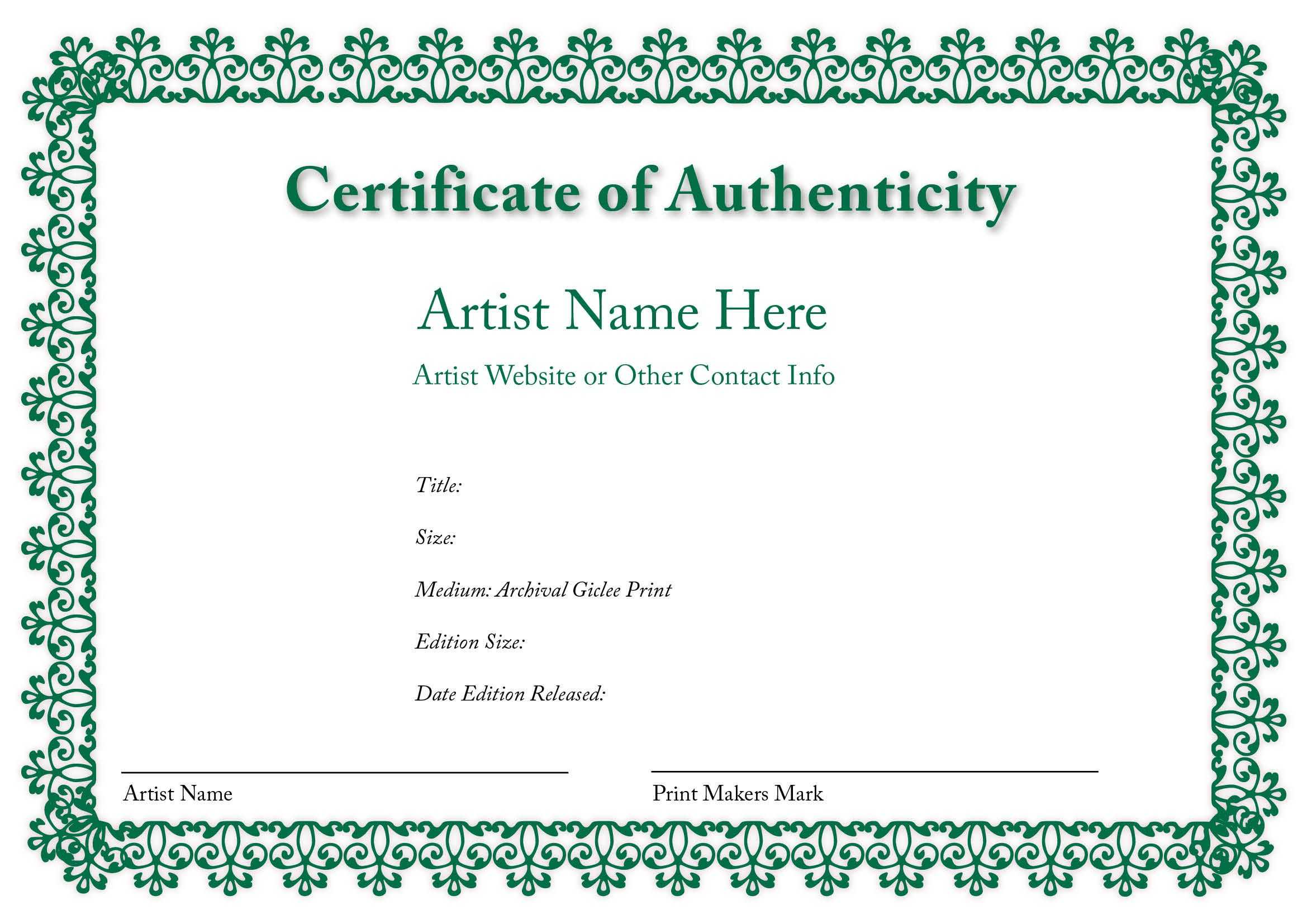 Certificate Of Authenticity Of An Art Print | Certificate With Blank Adoption Certificate Template