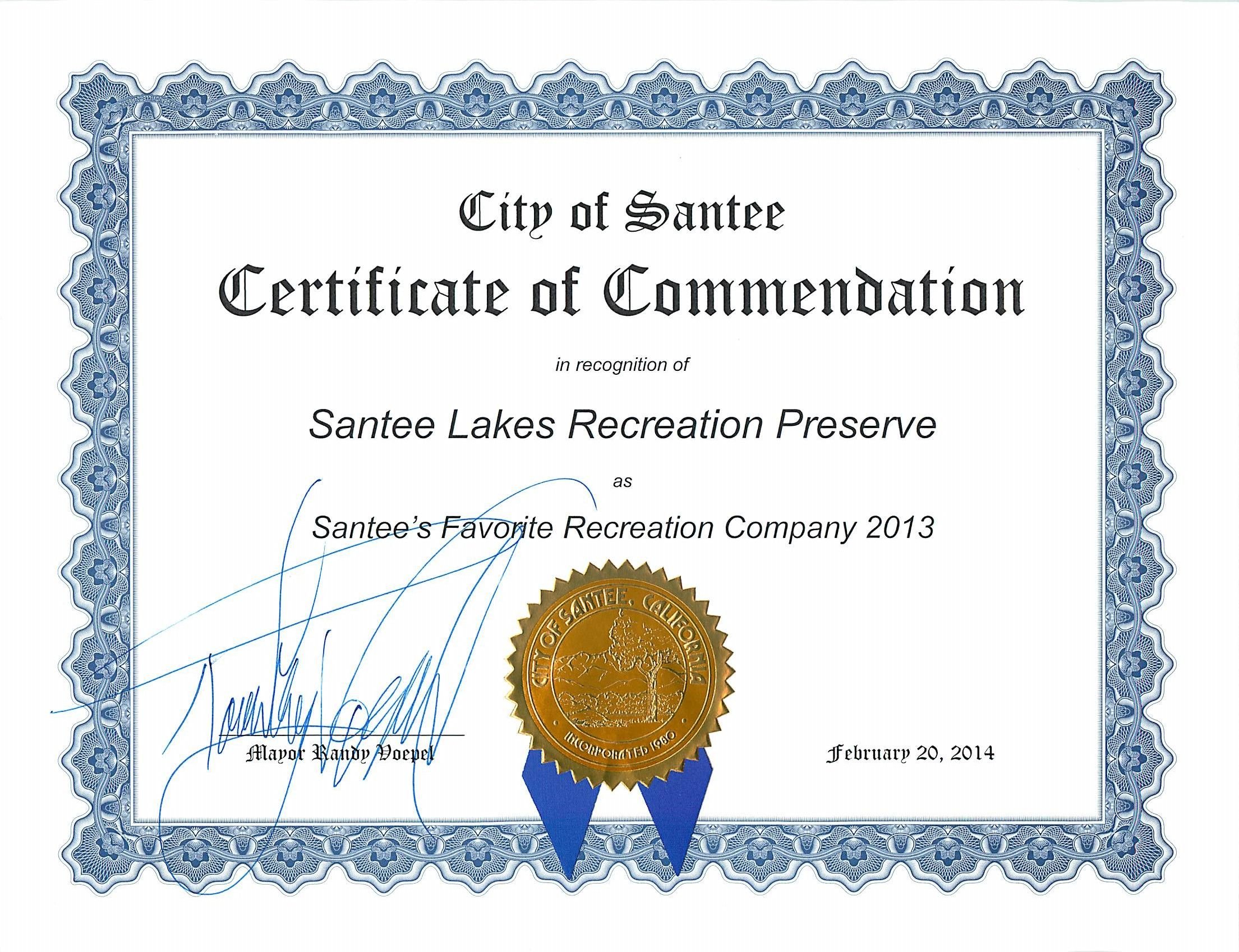 Certificate Of Commendation From The City Of Santee | Santee In Recognition Of Service Certificate Template