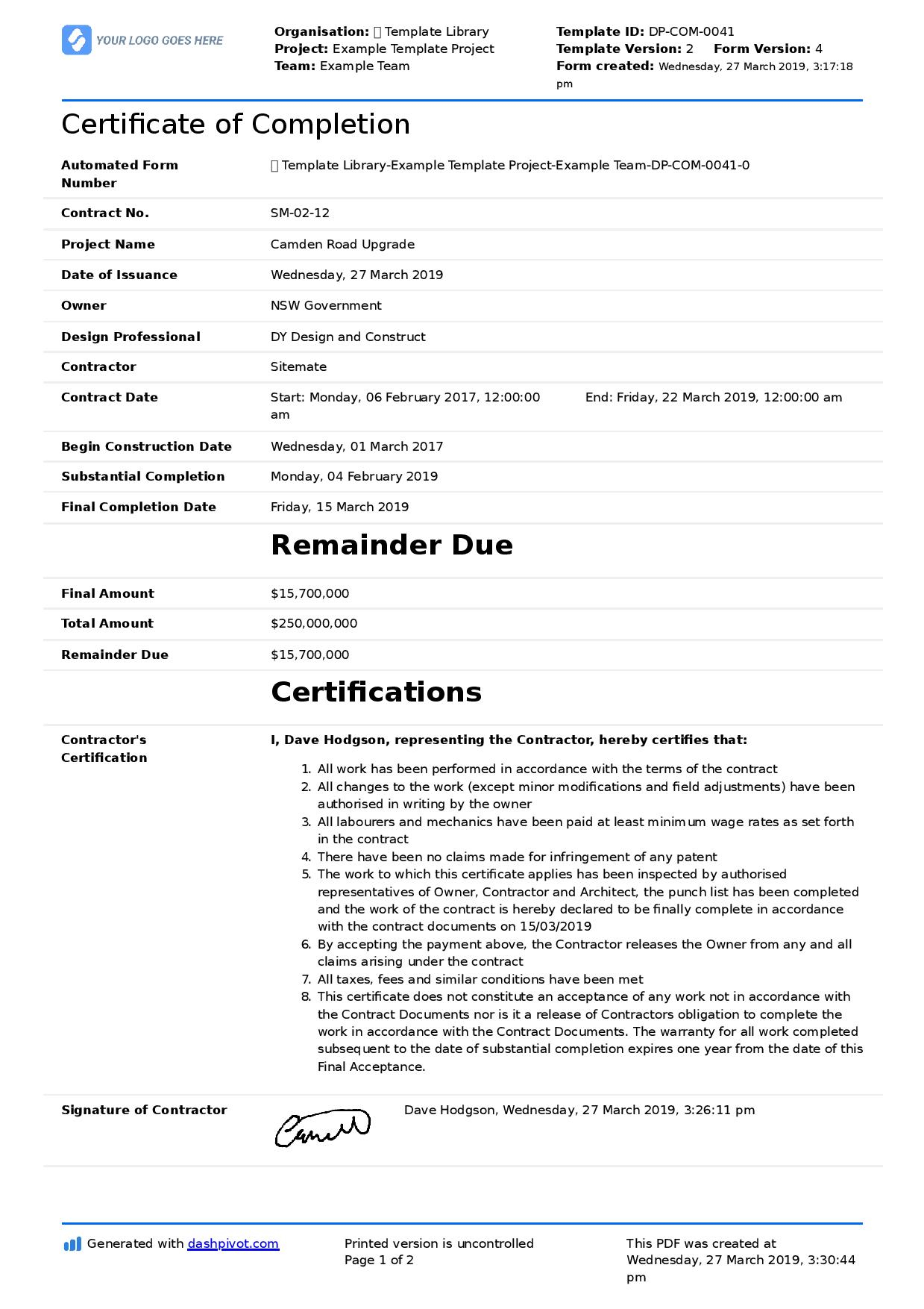 Certificate Of Completion For Construction (Free Template + In Certificate Of Completion Construction Templates