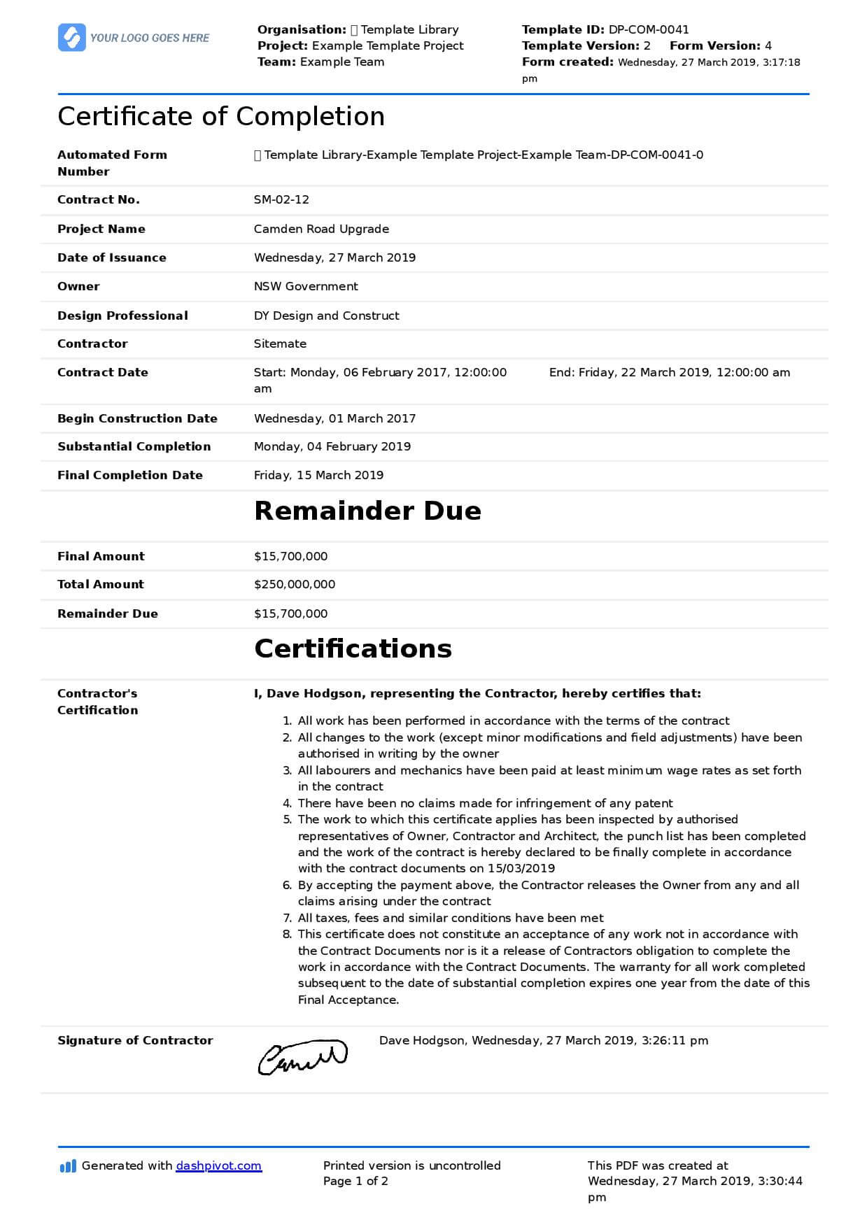 Certificate Of Completion For Construction (Free Template + Inside Construction Certificate Of Completion Template