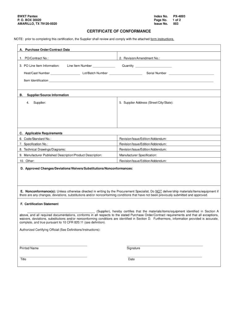 Certificate Of Conformance Template – Fill Online, Printable Throughout Certificate Of Conformance Template