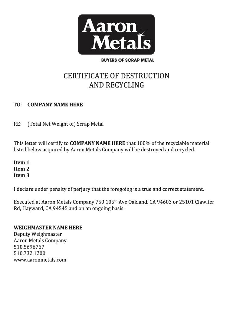 Certificate Of Destruction Template – Fill Online, Printable Intended For Free Certificate Of Destruction Template