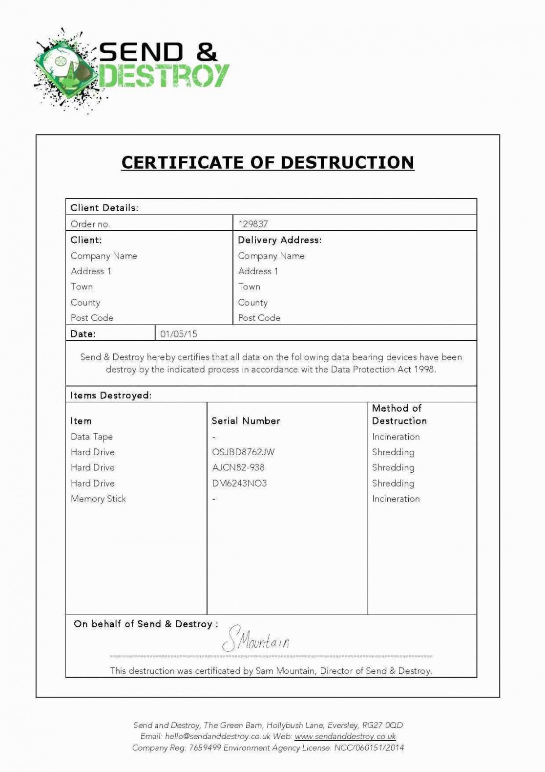 Certificate Of Destruction Template Word Throughout Certificate Of Destruction Template