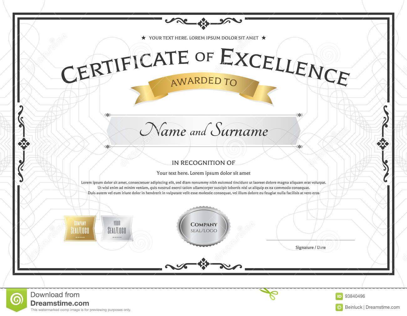 Certificate Of Excellence Template With Gold Award Ribbon On Within Award Of Excellence Certificate Template