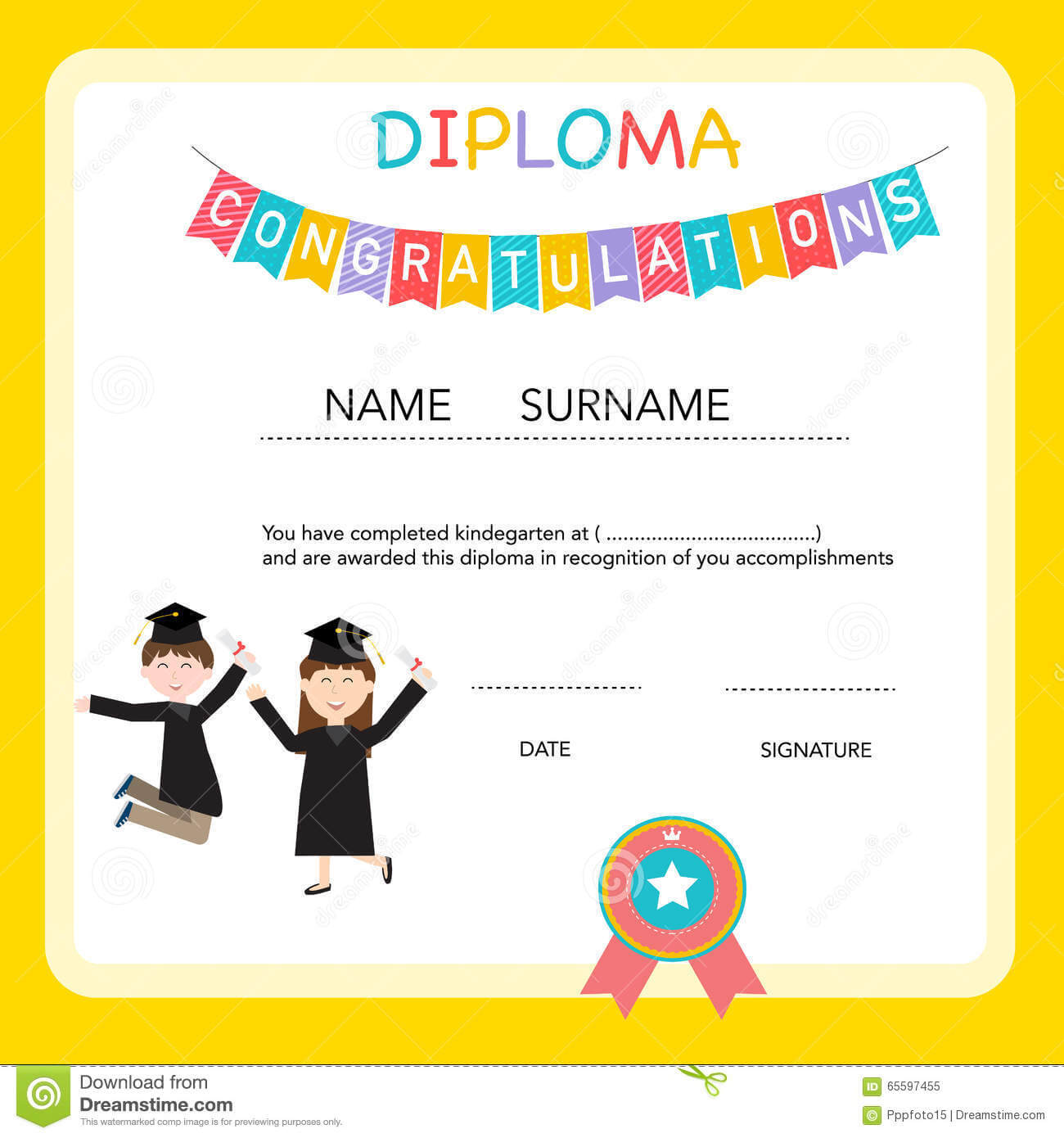 Certificate Of Kids Diploma, Preschool,kindergarten Template With Preschool Graduation Certificate Template Free