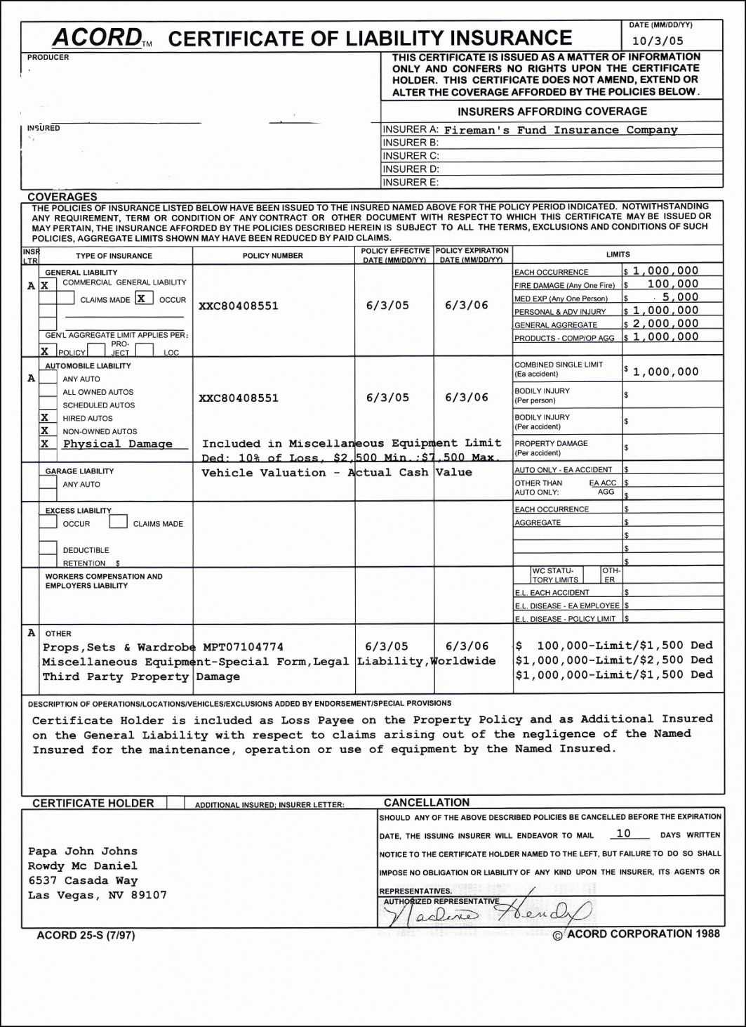 Certificate Of Liability Insurance Form 2019 Acord Acord In Certificate Of Liability Insurance Template