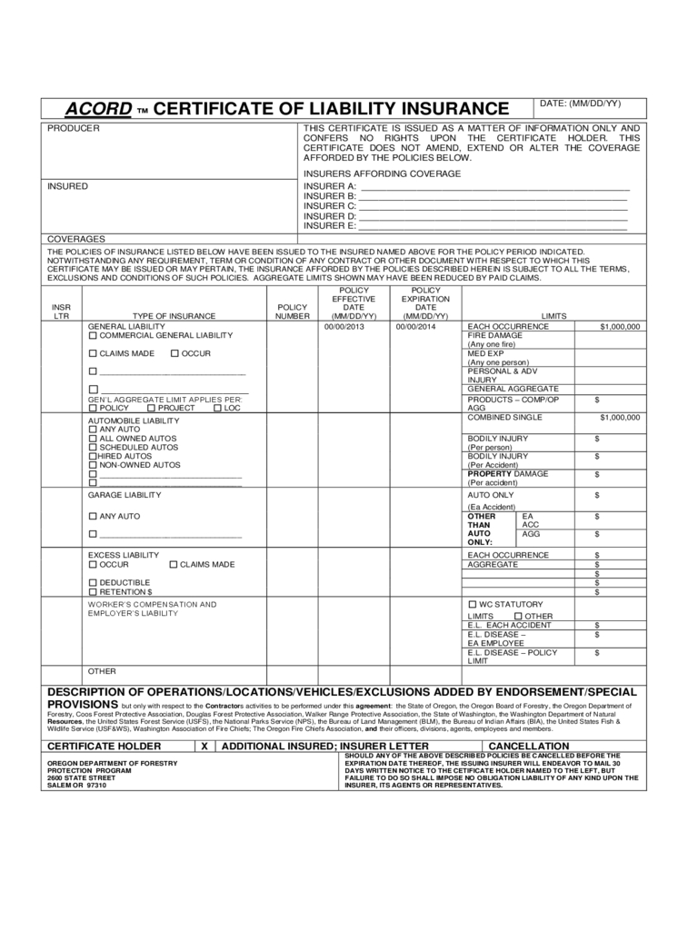 Certificate Of Liability Insurance Form – 5 Free Templates For Certificate Of Liability Insurance Template