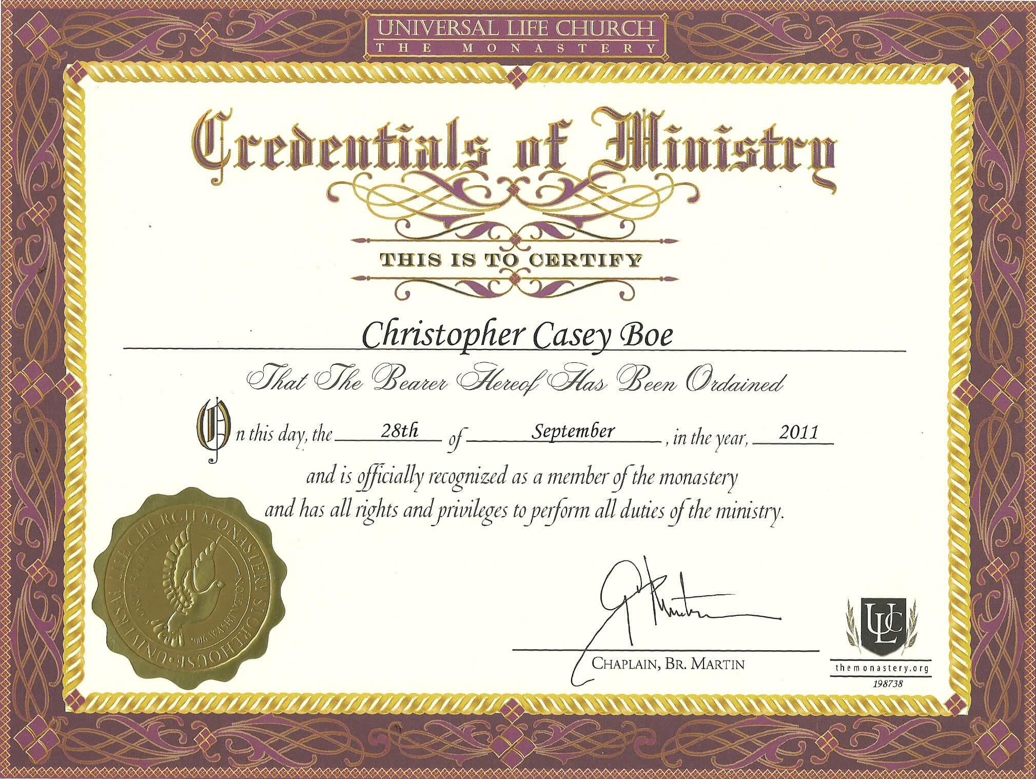 Certificate Of Ordination For Deaconess Example Pertaining To Certificate Of Ordination Template