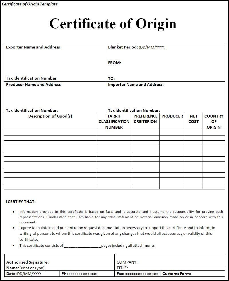 Certificate Of Origin Form | Certificate Of Origin Intended For Certificate Of Origin Template Word