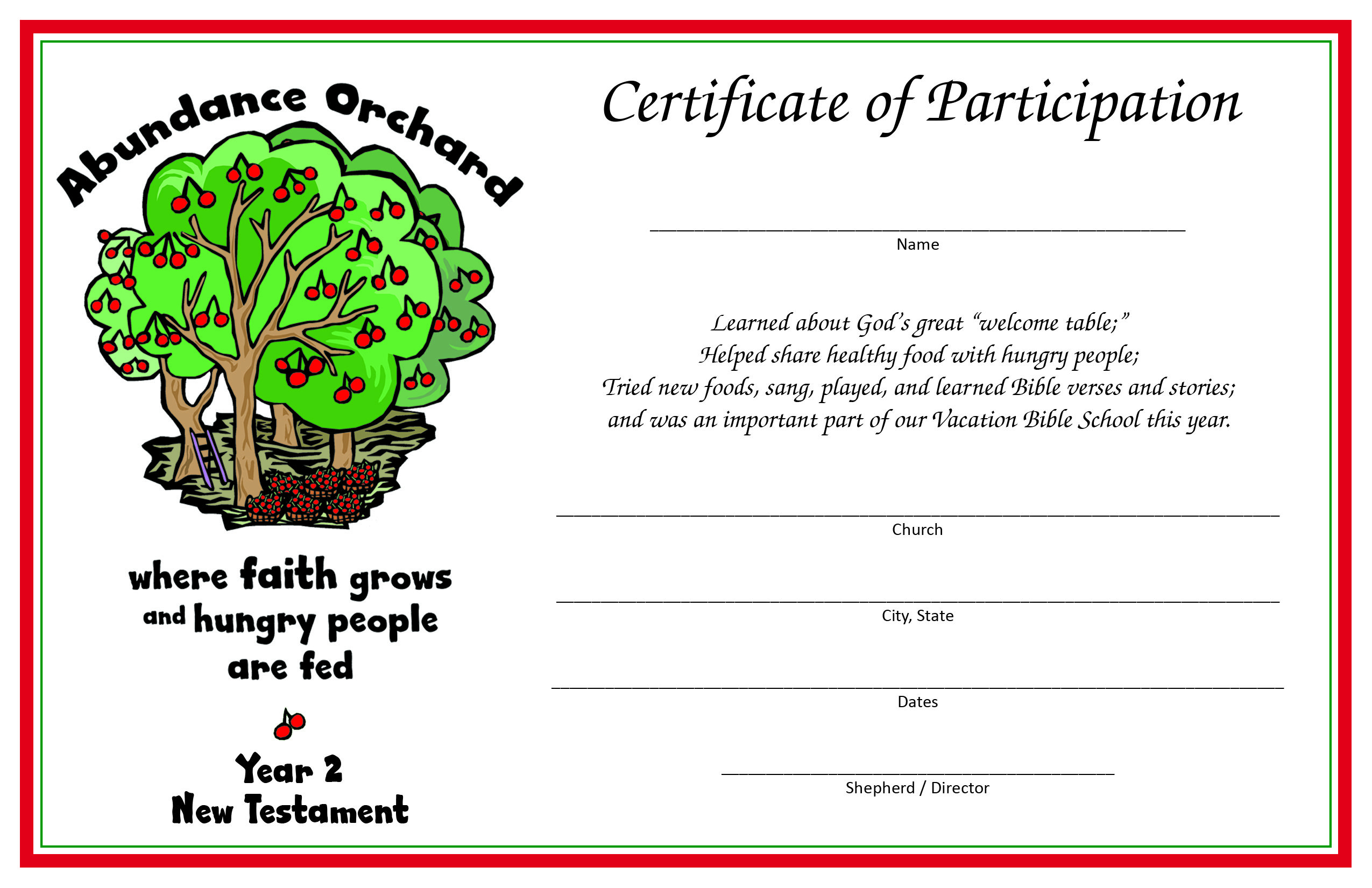 Certificate Of Participation – Year 2 (New Testament); Print For Free Vbs Certificate Templates