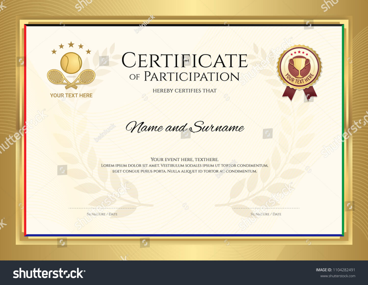 Certificate Template Tennis Sport Theme Gold Stock Image Within Tennis Certificate Template Free
