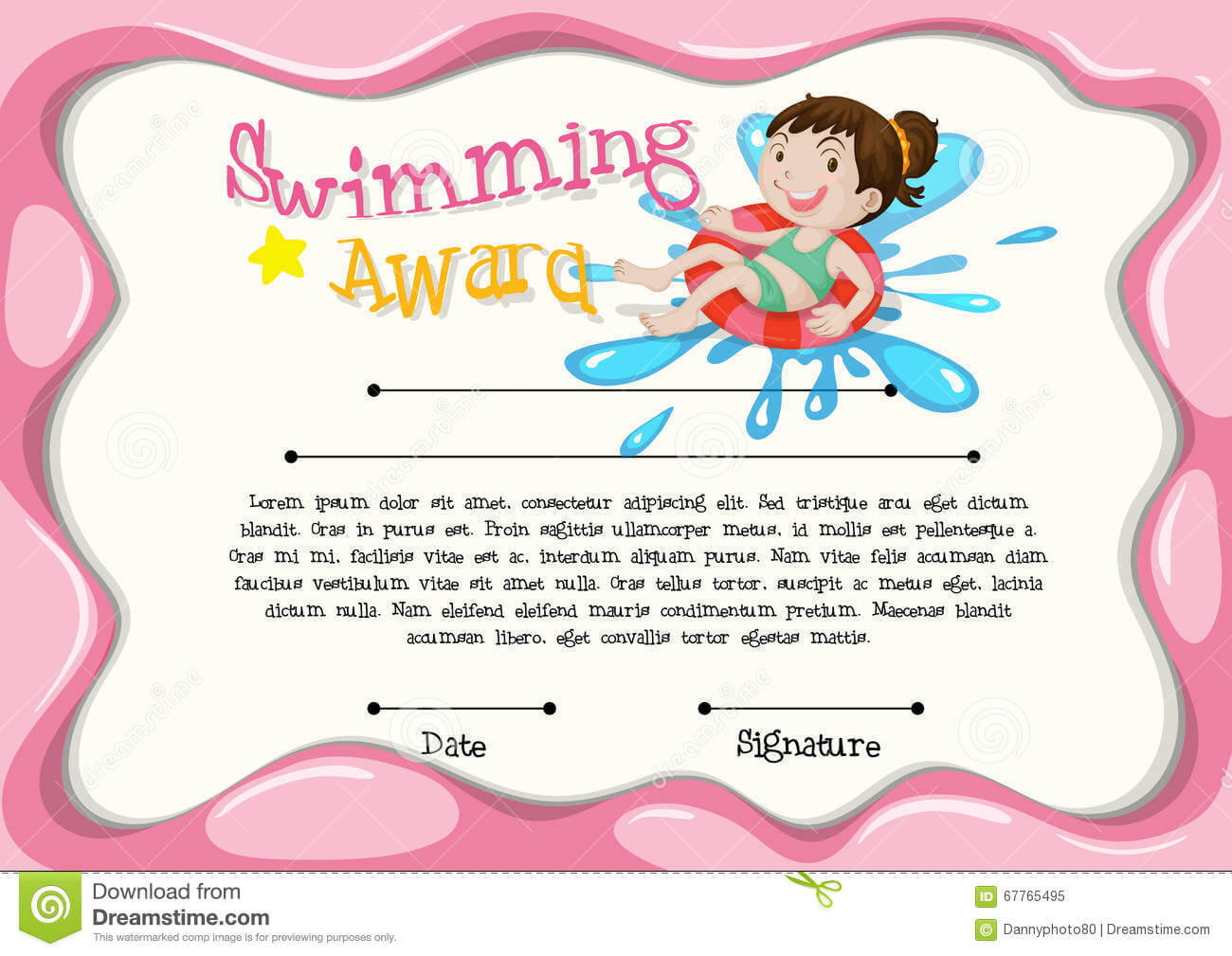 Certificate Template With Girl Swimming Stock Vector In Free Swimming Certificate Templates