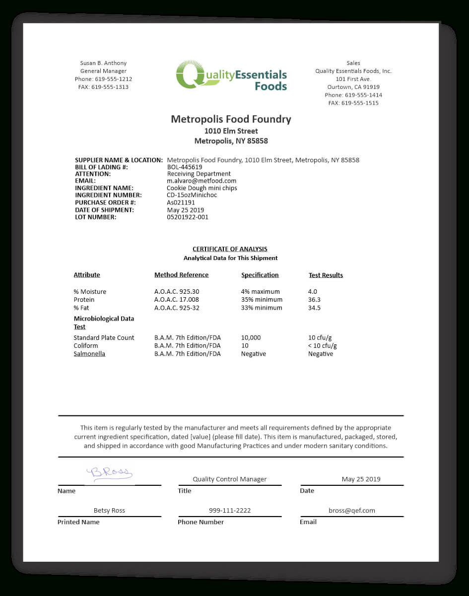 Certificates Of Analysis For Food – Quality Essentials Suite In Certificate Of Analysis Template