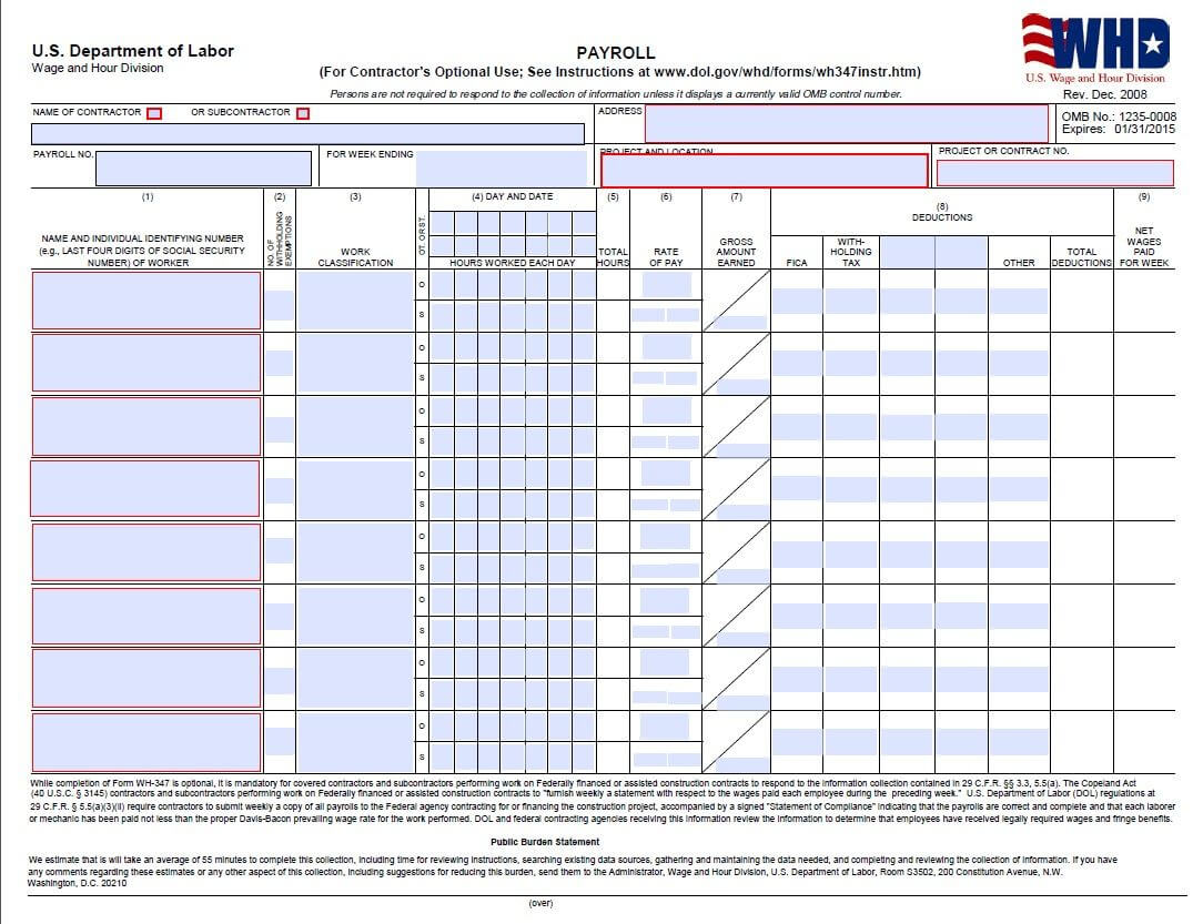 Certified Payroll Form - Page 1 (Wh347) | Deduction Within Dd Form 2501 Courier Authorization Card Template