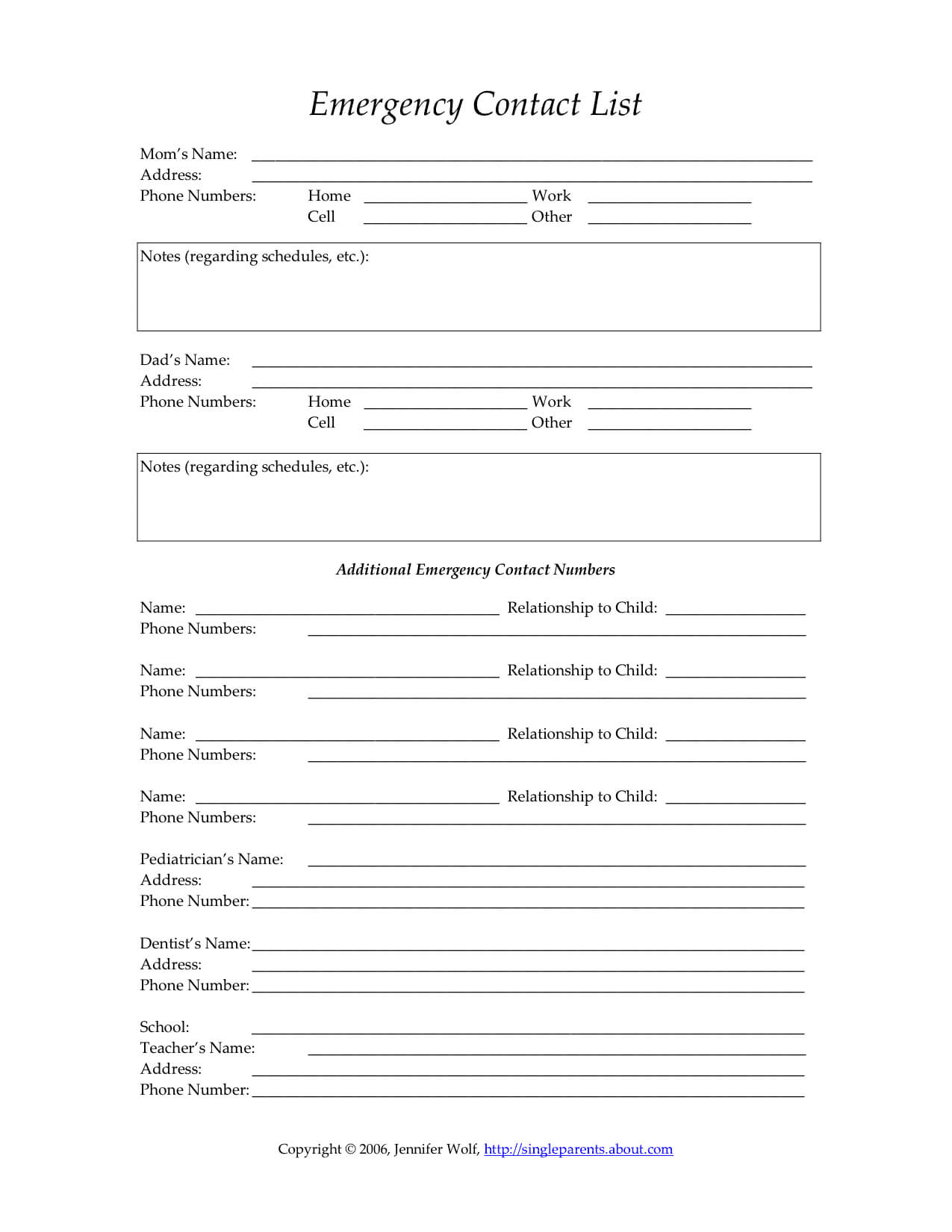 Child's Emergency Contact Form | Single Parent Families Pertaining To Emergency Contact Card Template