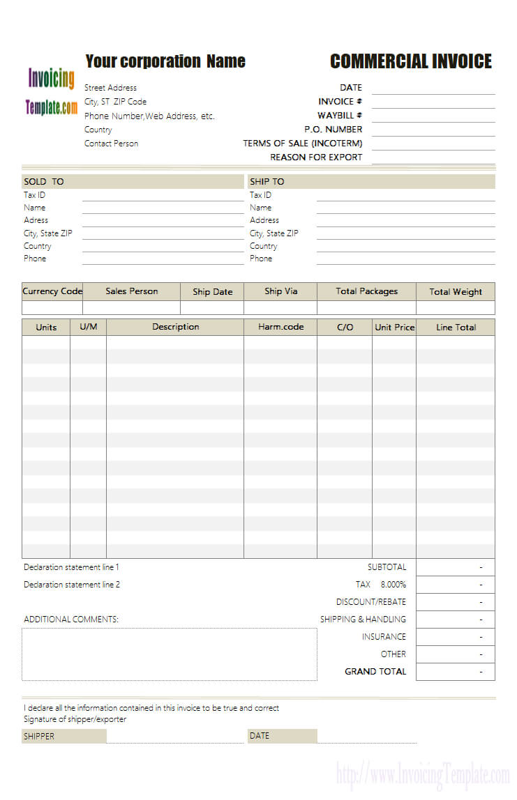 Commercial Invoice No Commercial Value Inside Commercial Invoice Template Word Doc