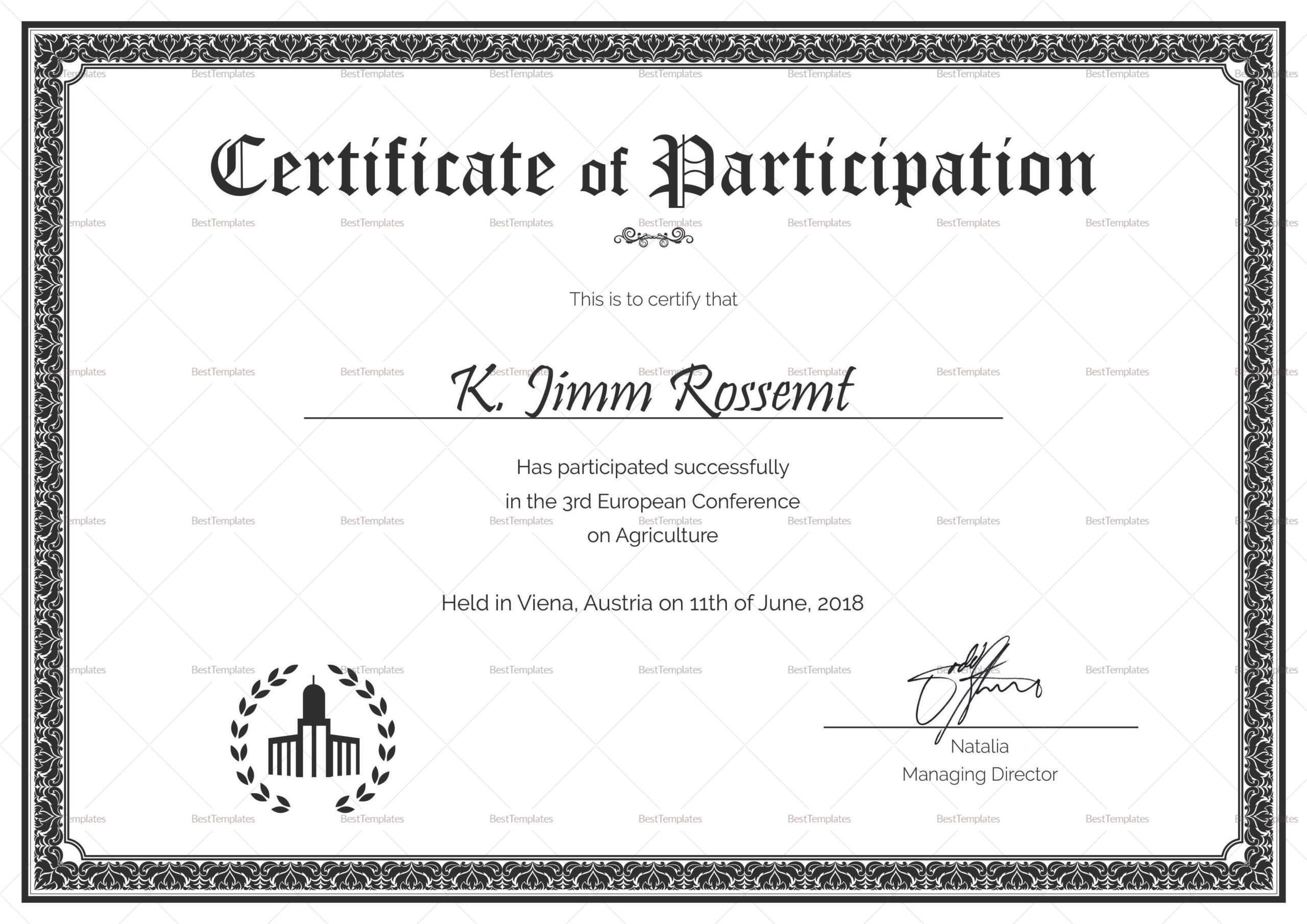 Conference Certificate Of Participation Template – Forza For Sample Certificate Of Participation Template