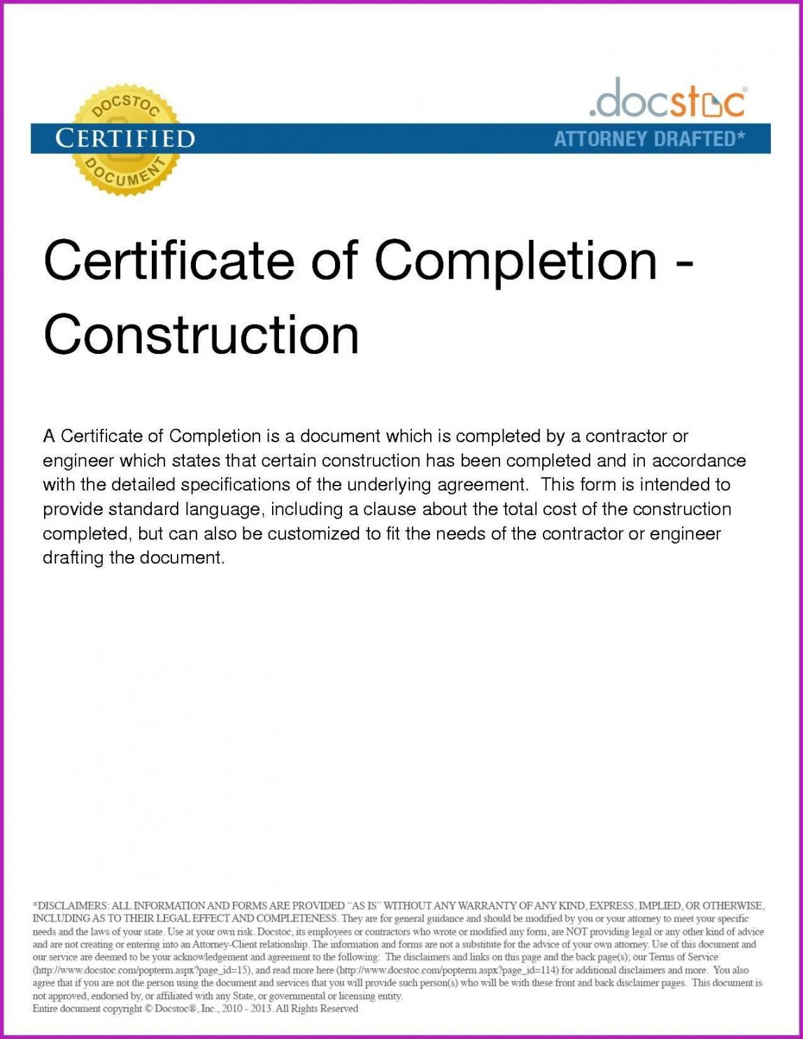 Construction Completion Certificate Template Regarding Certificate Of Completion Construction Templates