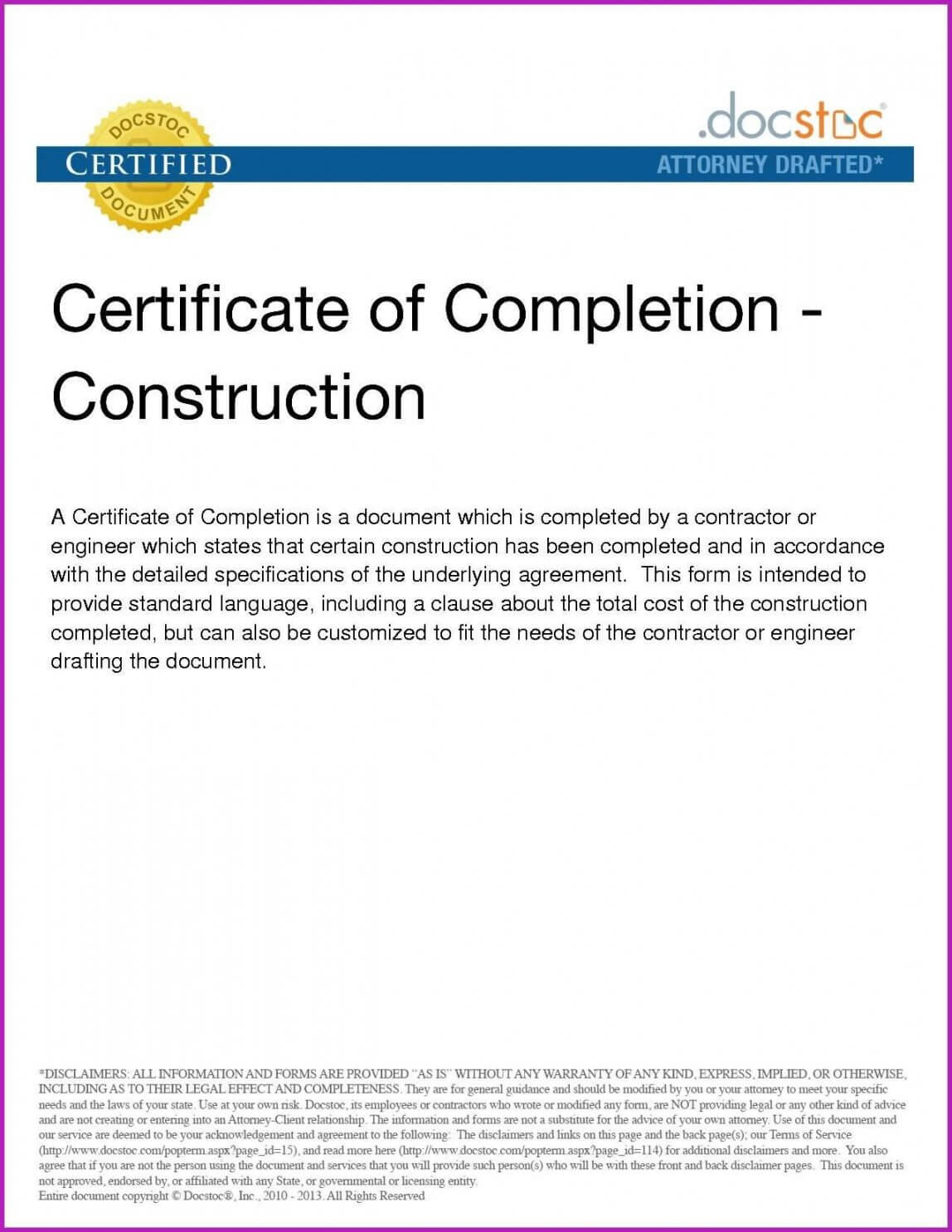 Construction Completion Certificate Template With Regard To Construction Certificate Of Completion Template