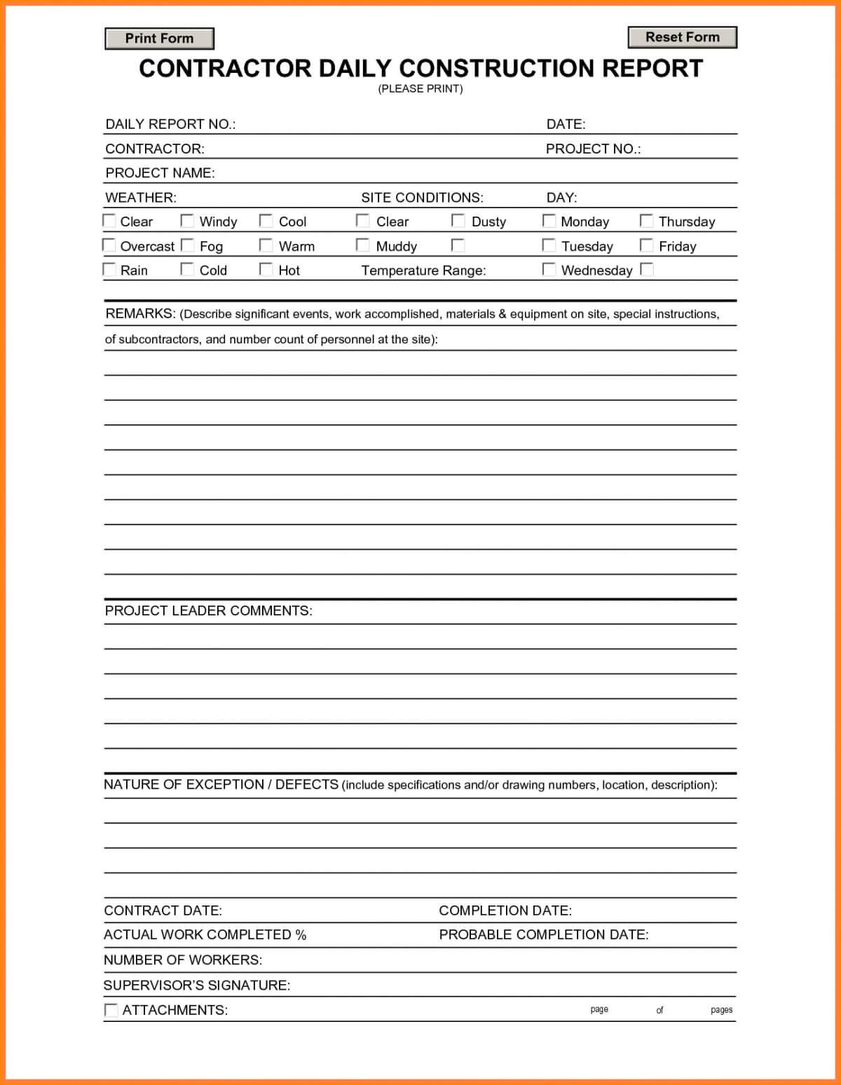 Construction Daily Report Template Examples Site Progress In Construction Daily Report Template Free