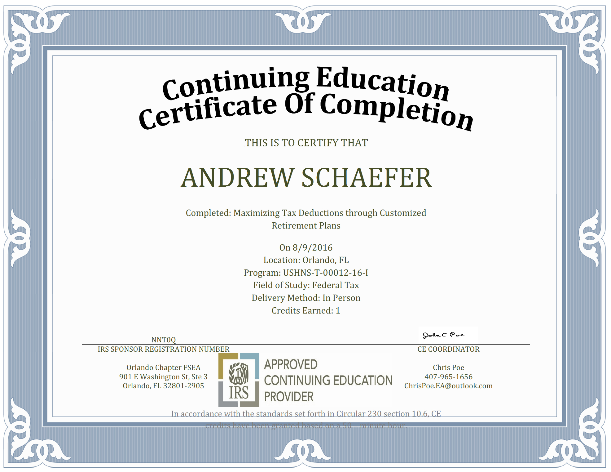 Continuing Education – Orlando Chapter Fsea With Regard To Continuing Education Certificate Template