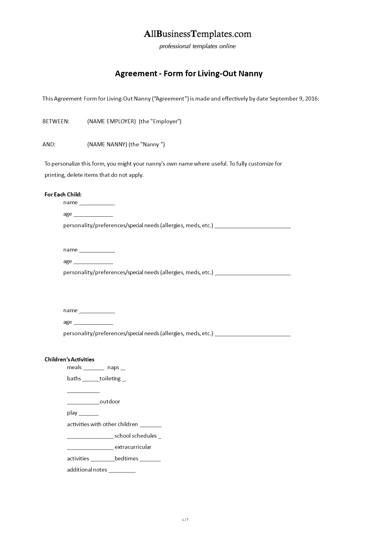 Contract Form For Living Out Nanny | Templates At Throughout Nanny Contract Template Word