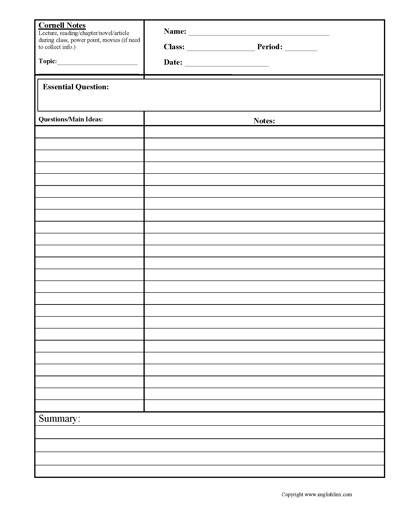 Cornell Notes Summary Worksheets | Cornell Notes, Cornell Regarding Cornell Note Template Word