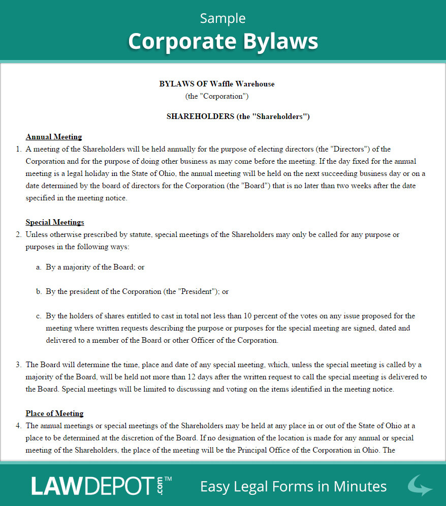 Corporate Bylaws Template (Us) | Lawdepot With Corporate Bylaws Template Word