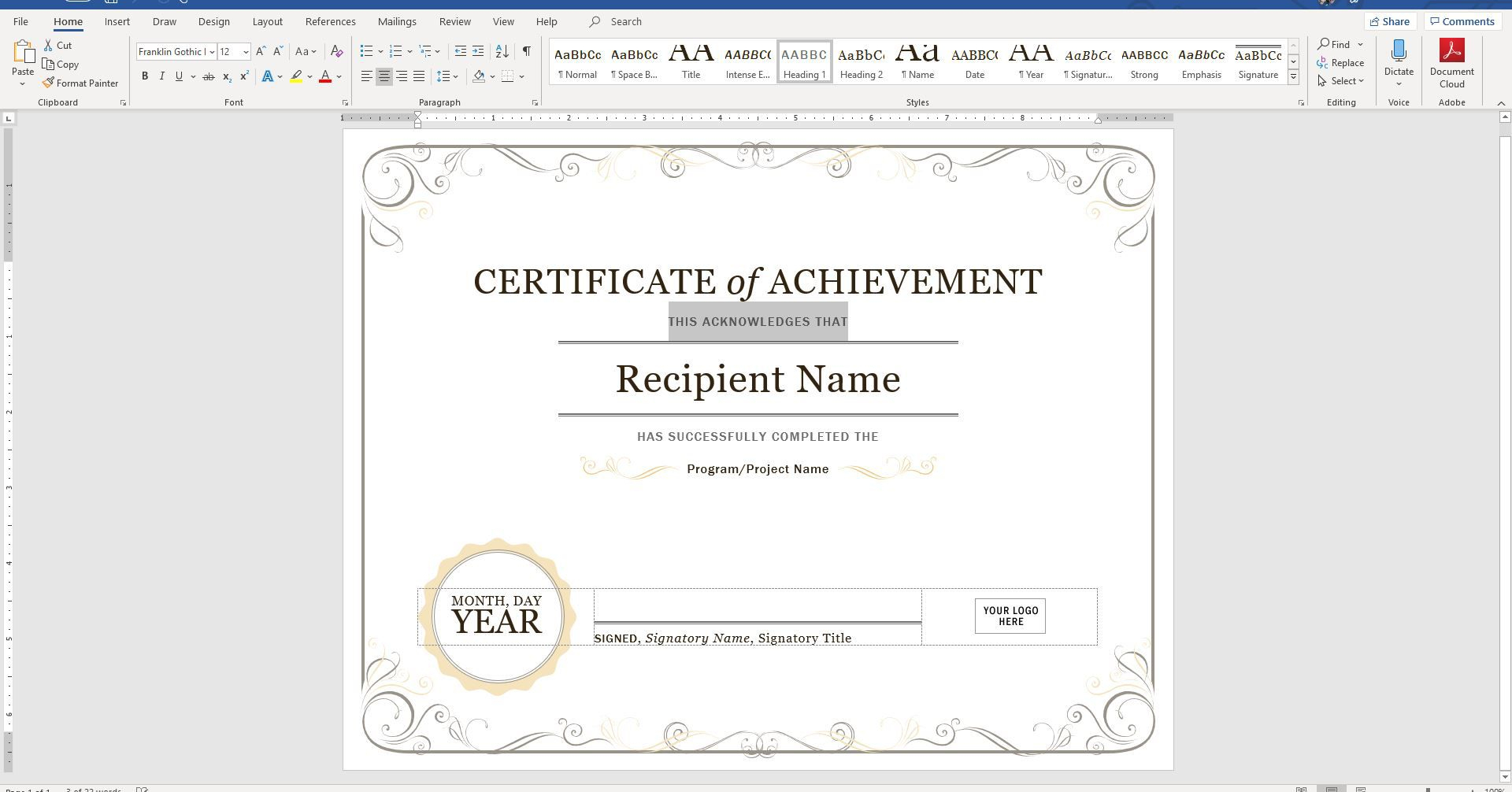 Create A Certificate Of Recognition In Microsoft Word Regarding Certificate Of Attainment Template