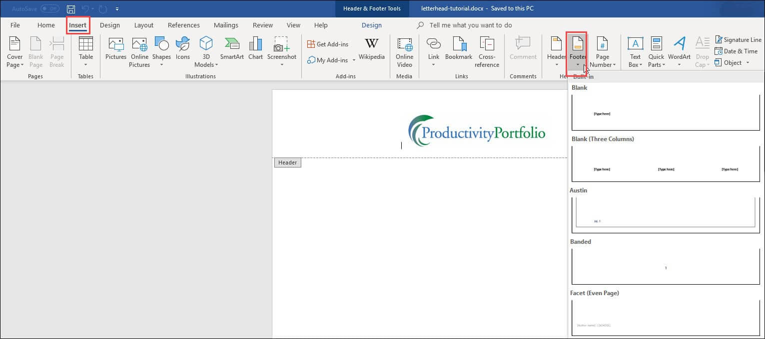 Create A Word Letterhead Template | Productivity Portfolio Within Header Templates For Word