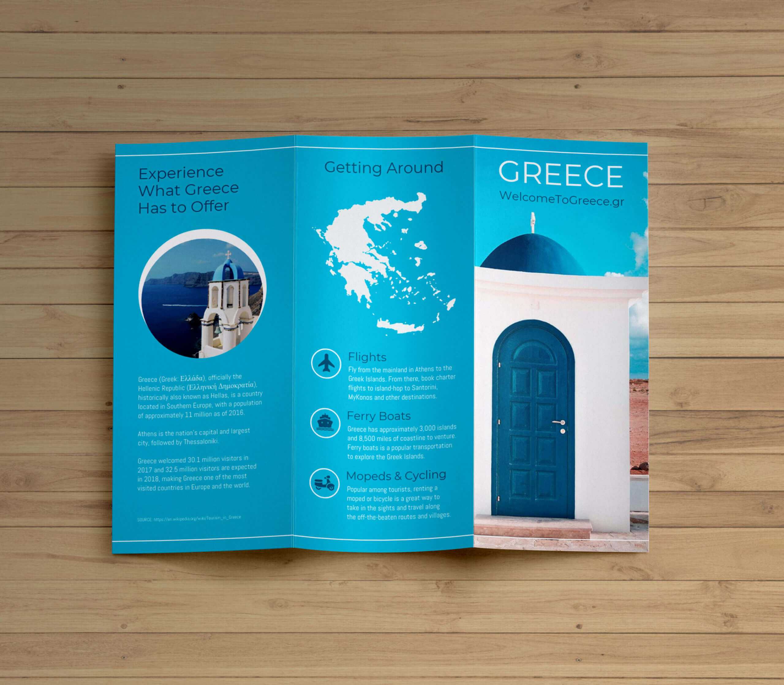 Creative Blue Greece Travel Trifold Brochure Idea Intended For Island Brochure Template