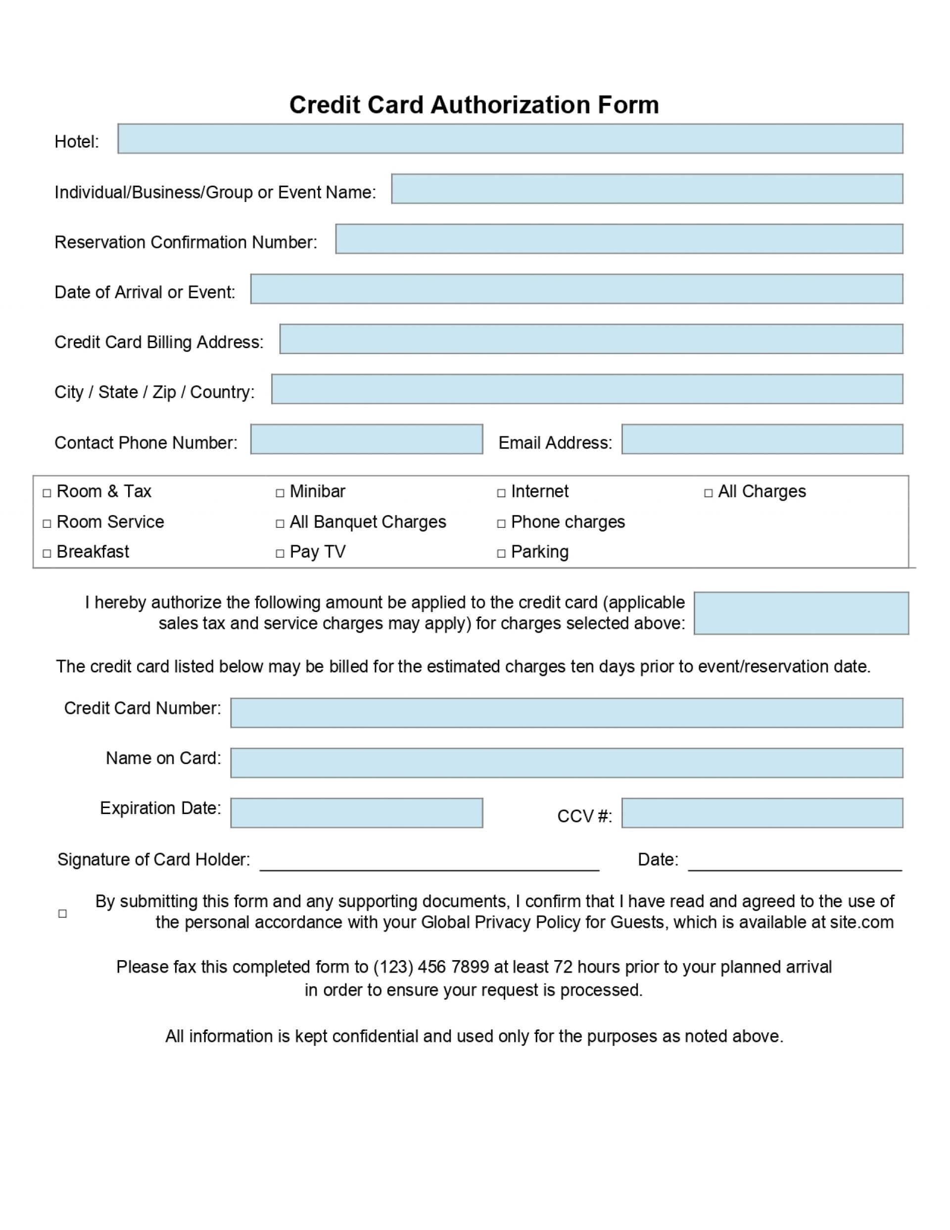 Credit Card Authorization Form Template For Hotel For Credit Card Privacy Policy Template
