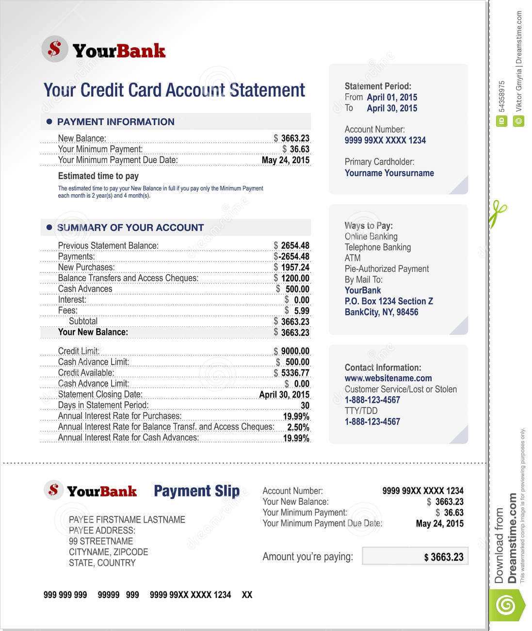 Credit Card Bank Account Statement Template Stock Vector In Credit Card Bill Template