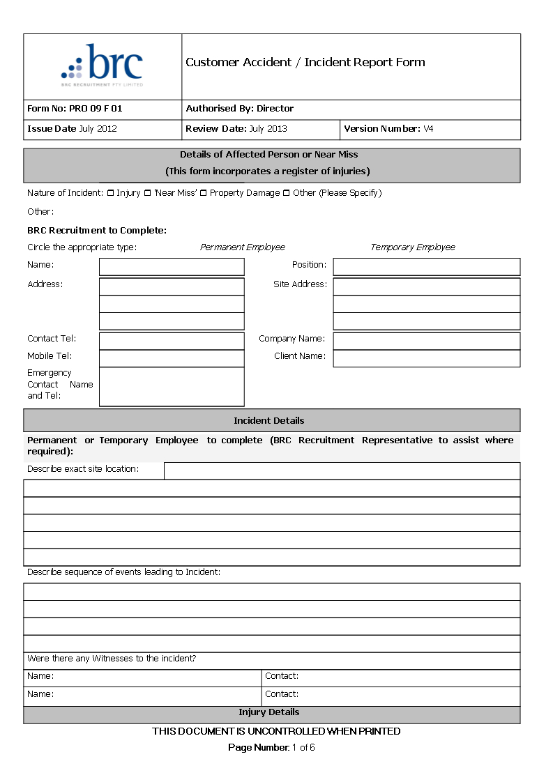 Customer Accident Incident Report | Templates At Pertaining To Customer Contact Report Template
