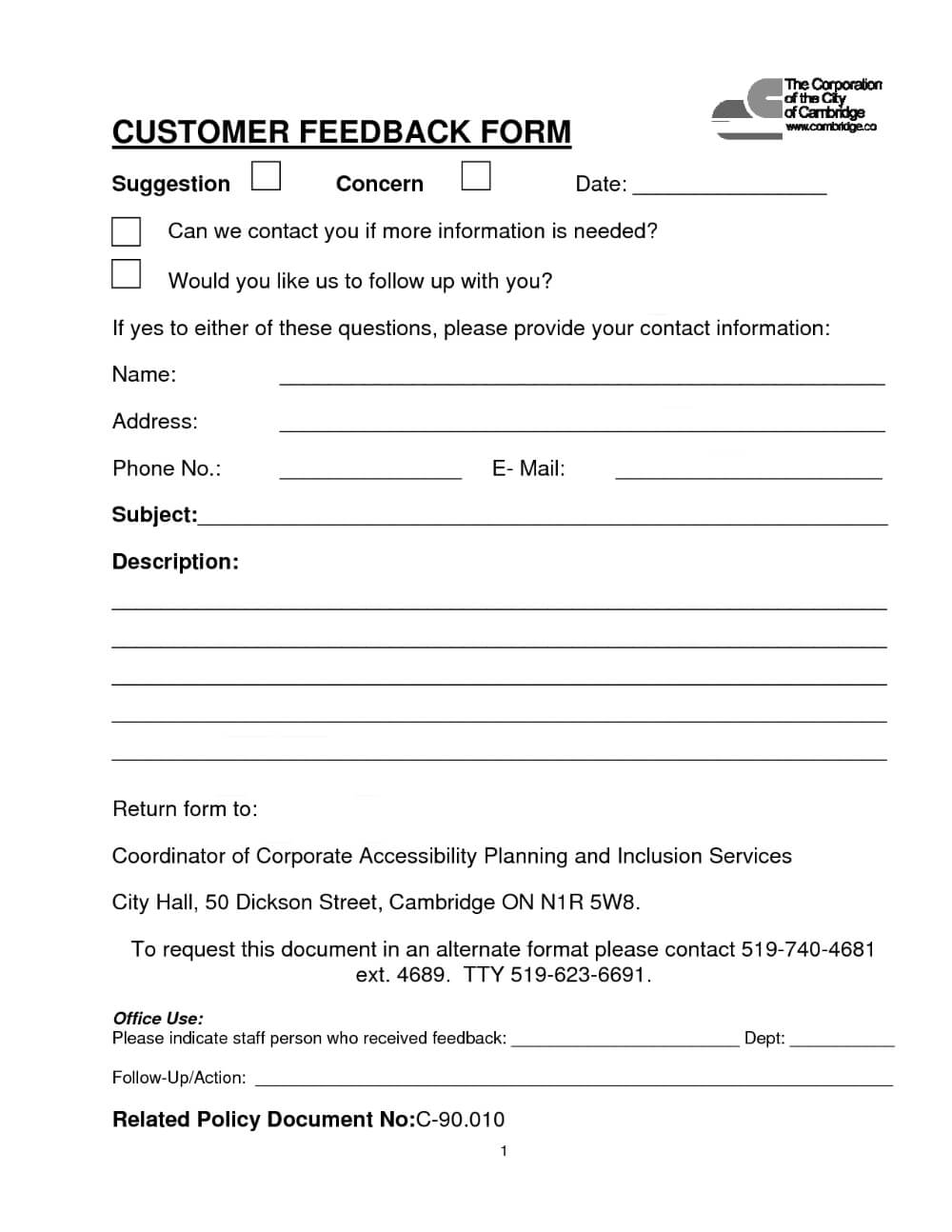 Customer Contact Form | Customer Feedback Form (Pdf Download For Word Employee Suggestion Form Template