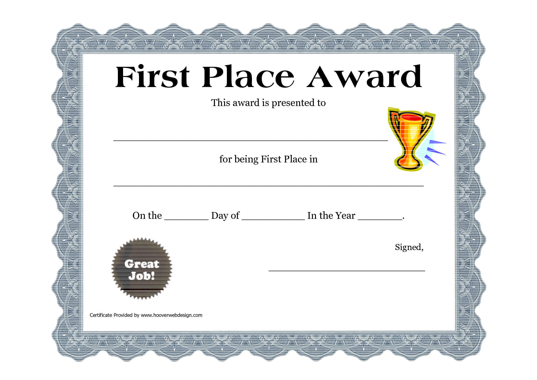 Customizable Printable Certificates | First Place Award In This Certificate Entitles The Bearer Template